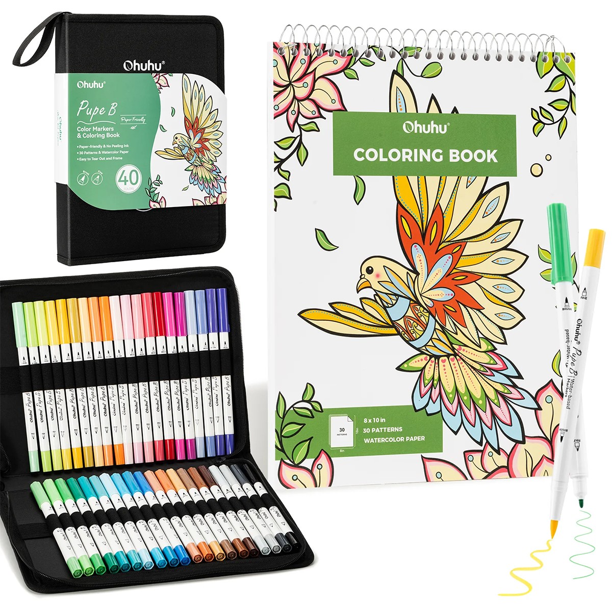 OHUHU Pupe B 40 Paper-friendly (No Peeling) - Σετ Μαρκαδόρων με Βάση το νερό ＆ Coloring Book
