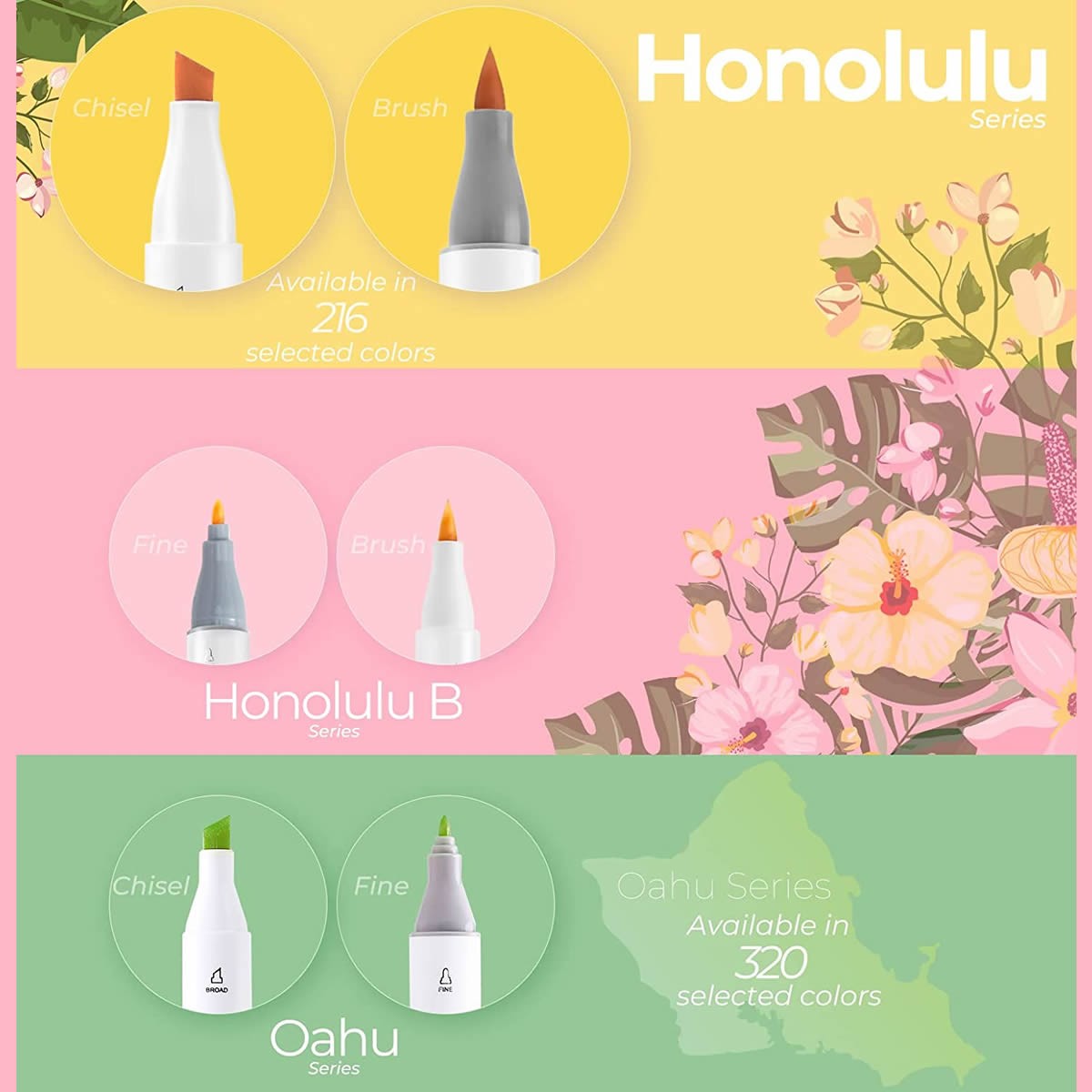 OHUHU Honolulu Alcohol Art Markers Σετ Μαρκαδόρων 216 χρωμάτων Brush & Chisel