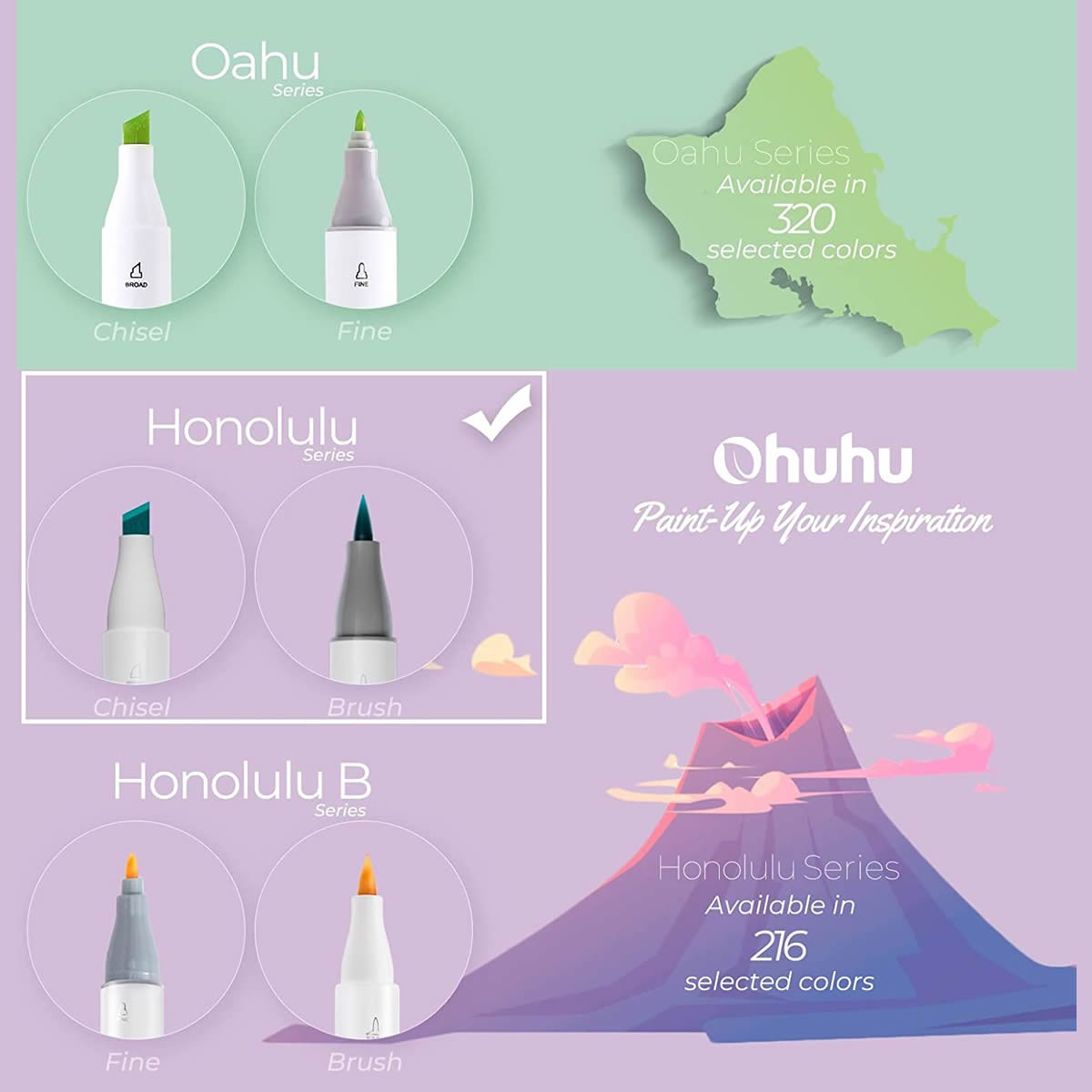 OHUHU Honolulu Alcohol Art Markers Σετ Μαρκαδόρων 36 Grey-tone χρωμάτων Brush & Chisel