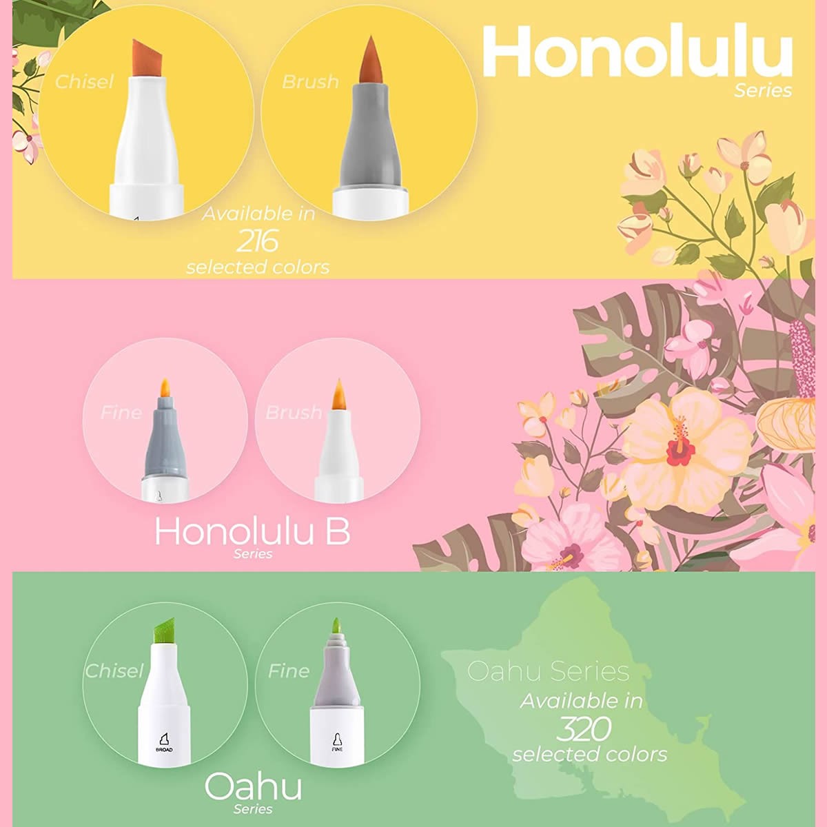 OHUHU Honolulu Alcohol Art Markers Σετ Μαρκαδόρων 168 χρωμάτων Brush & Chisel