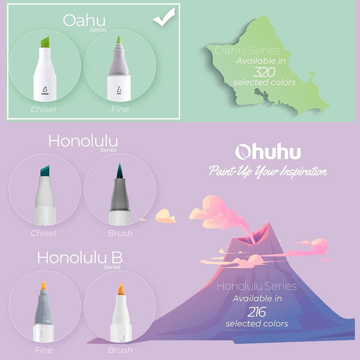 OHUHU Oahu Alcohol Art Markers Σετ Μαρκαδόρων 320 χρωμάτων Fine & Chisel