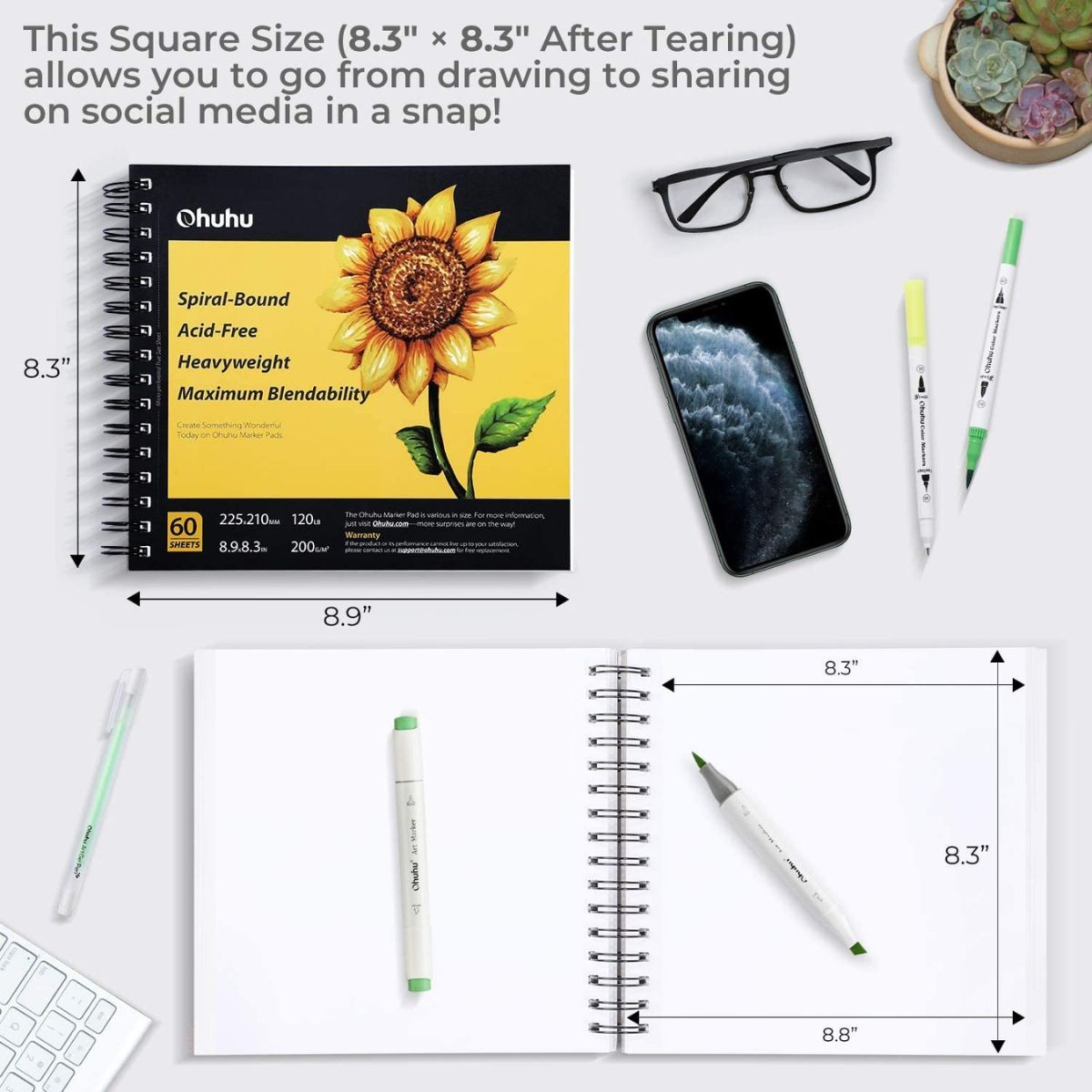 OHUHU Square Marker Sketchbook Σπιράλ 22,5 x 21cm