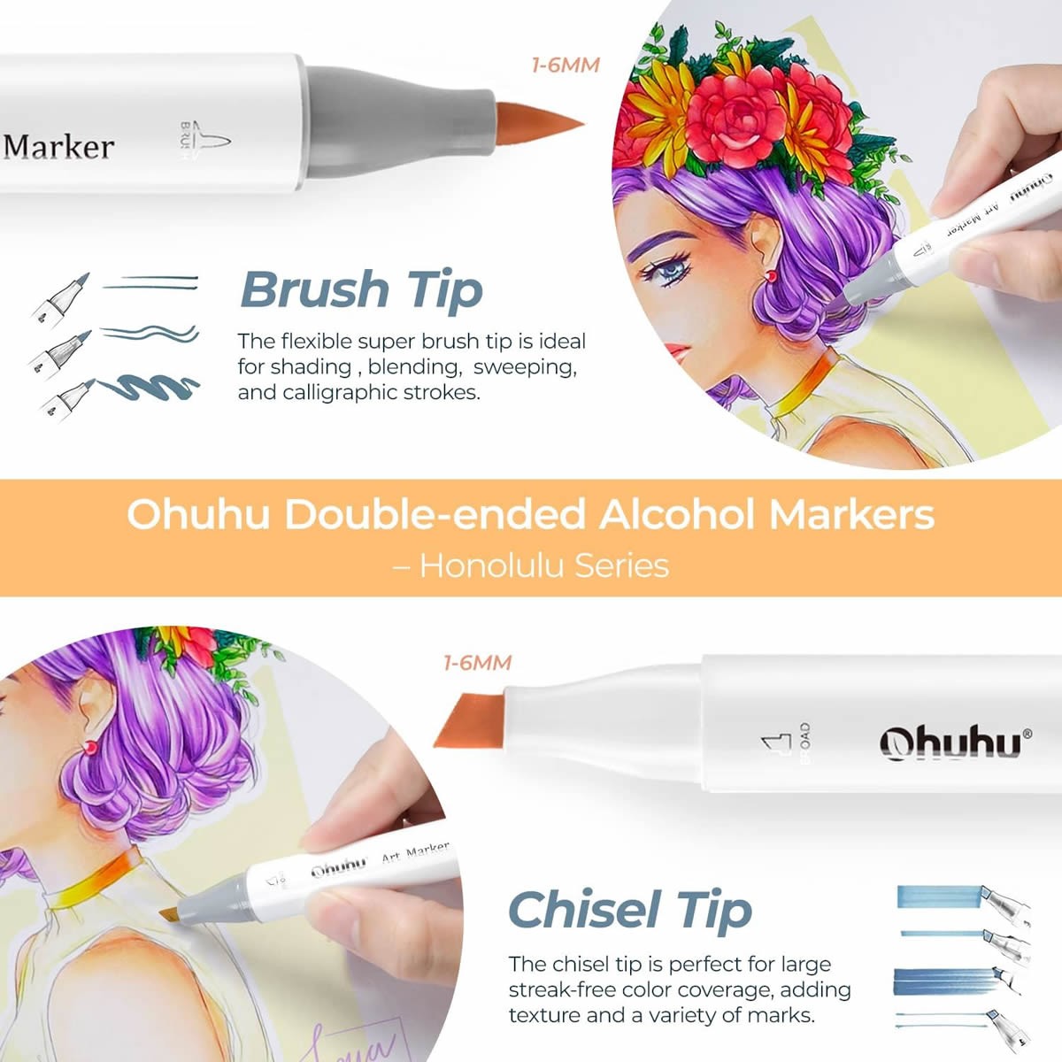Ohuhu Honolulu Alcohol Art Markers Σετ Μαρκαδόρων 104 Χρωμάτων Brush & Chisel