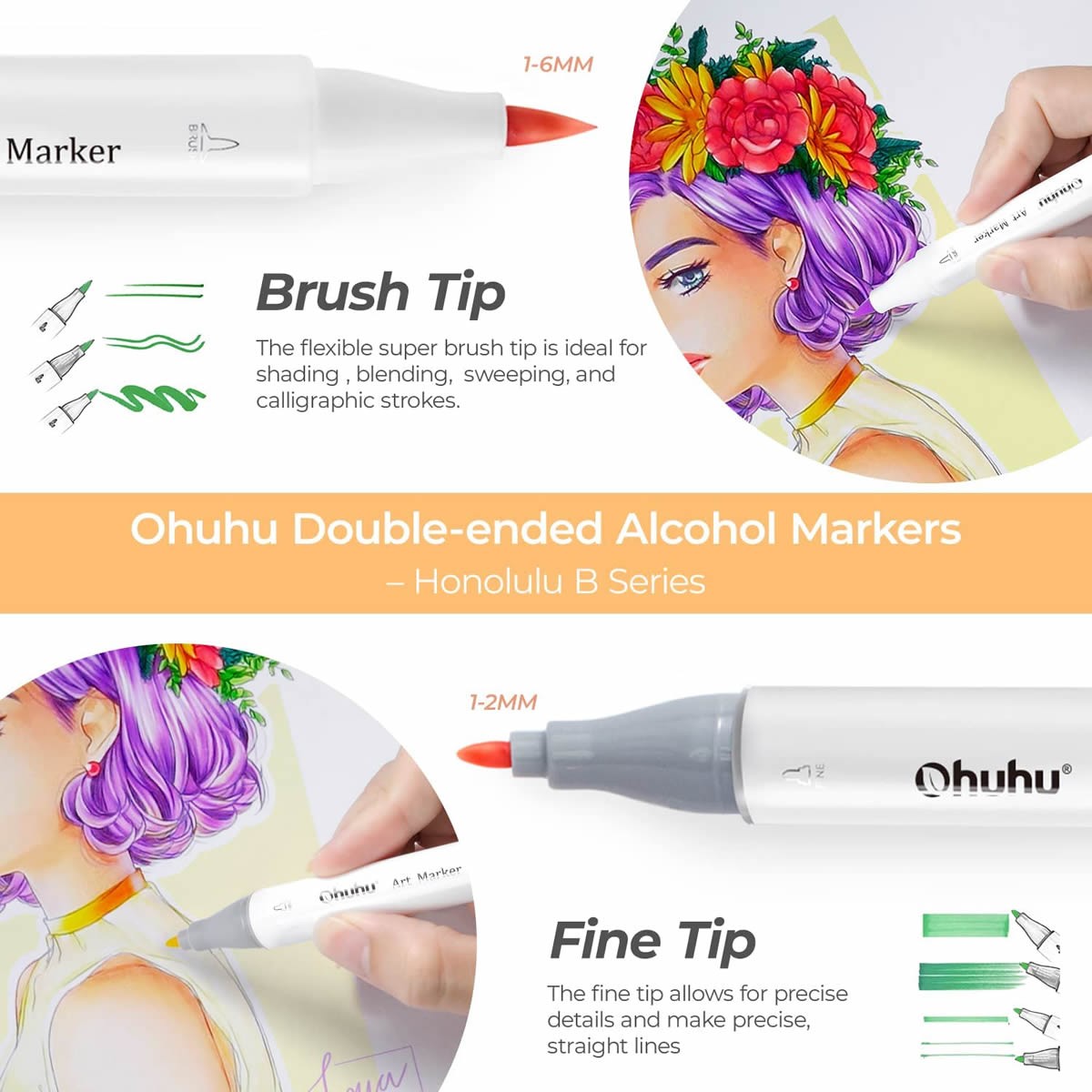 Οhuhu Honolulu B Alcohol Art Markers Σετ Μαρκαδόρων 48 Mid-tone Χρωμάτων Brush & Fine