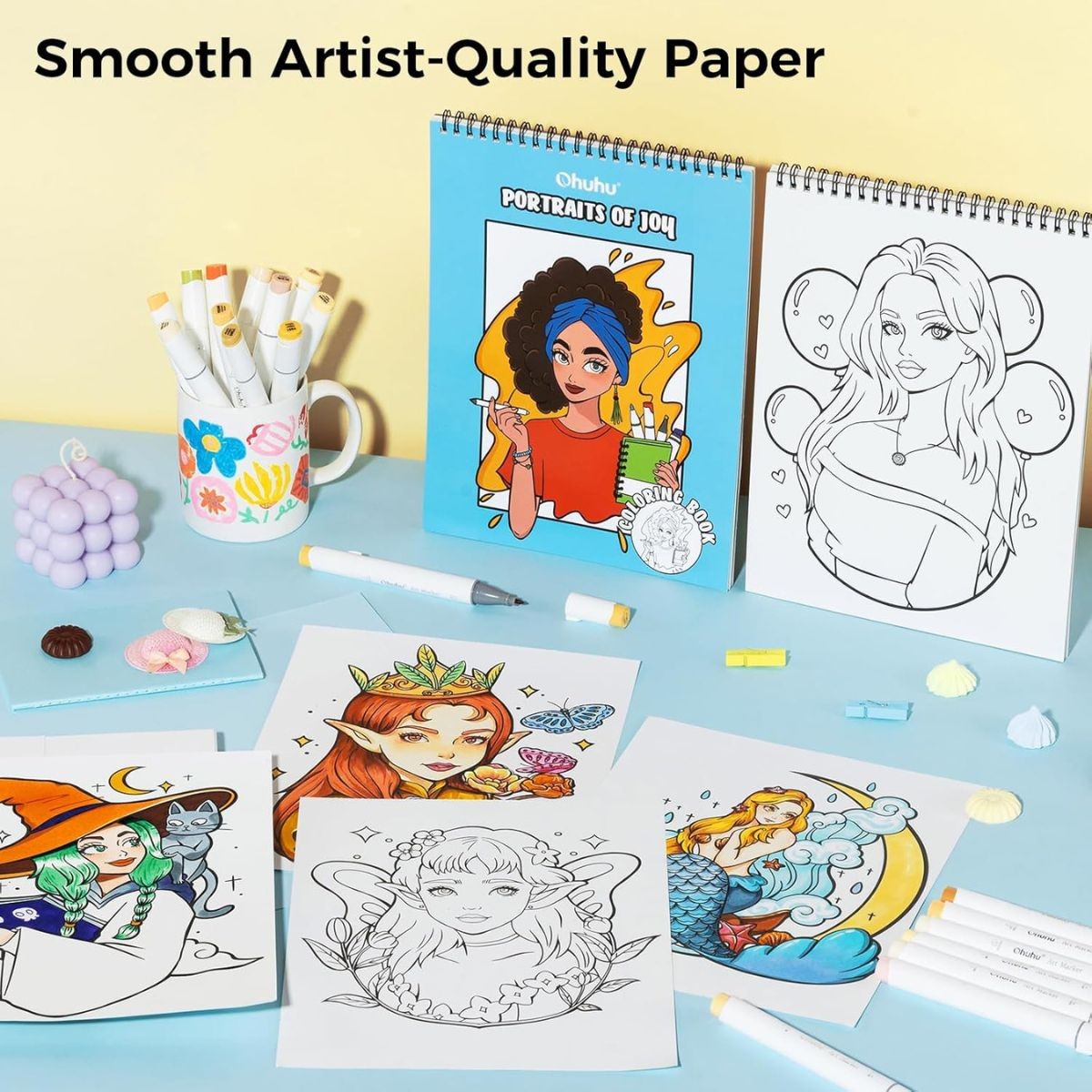 Ohuhu Bleedproof Coloring Book Portraits of Joy