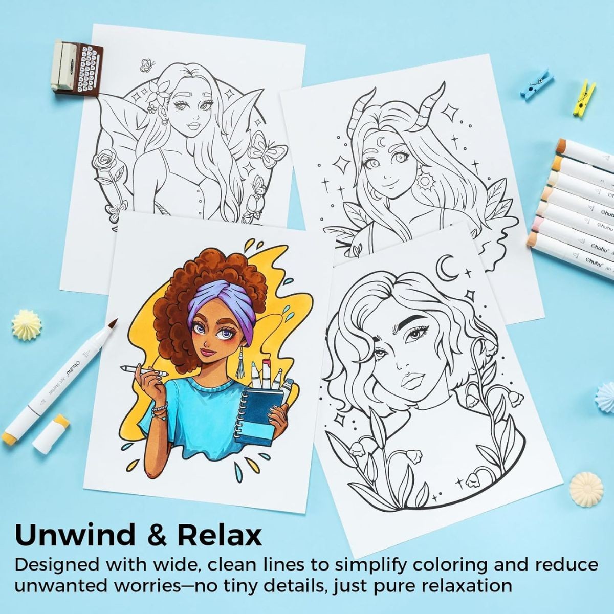 Ohuhu Bleedproof Coloring Book Portraits of Joy