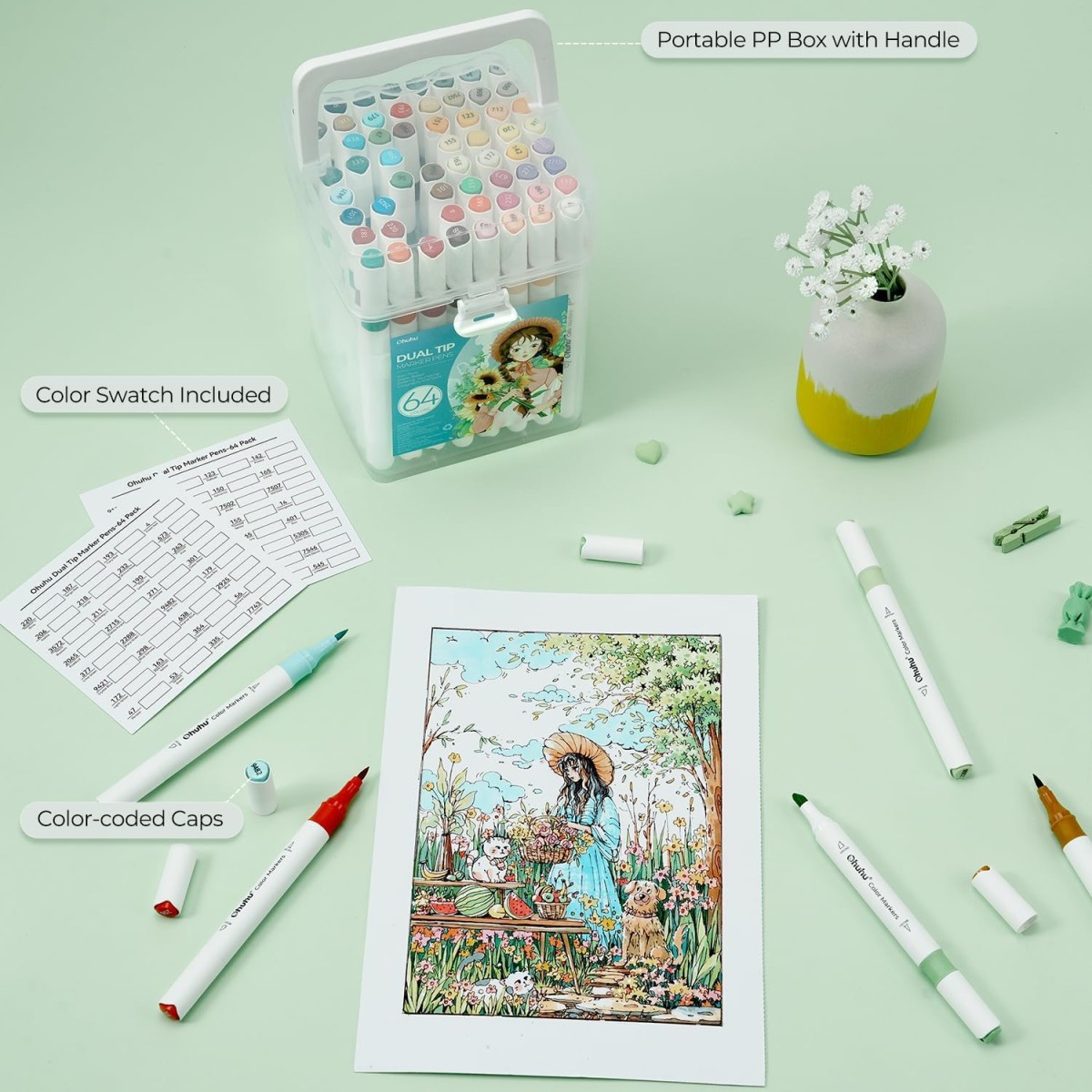 Ohuhu Water-based Coloring Markers Dual Σετ 64 Χρώματα Brush & Chisel