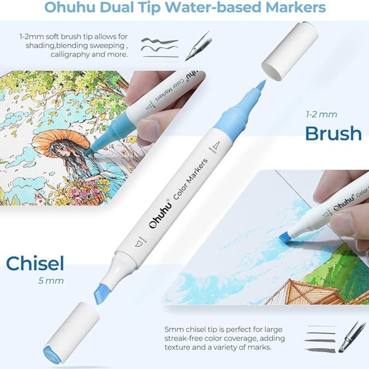 Ohuhu Water-based Coloring Markers Dual Σετ 64 Χρώματα Brush & Chisel