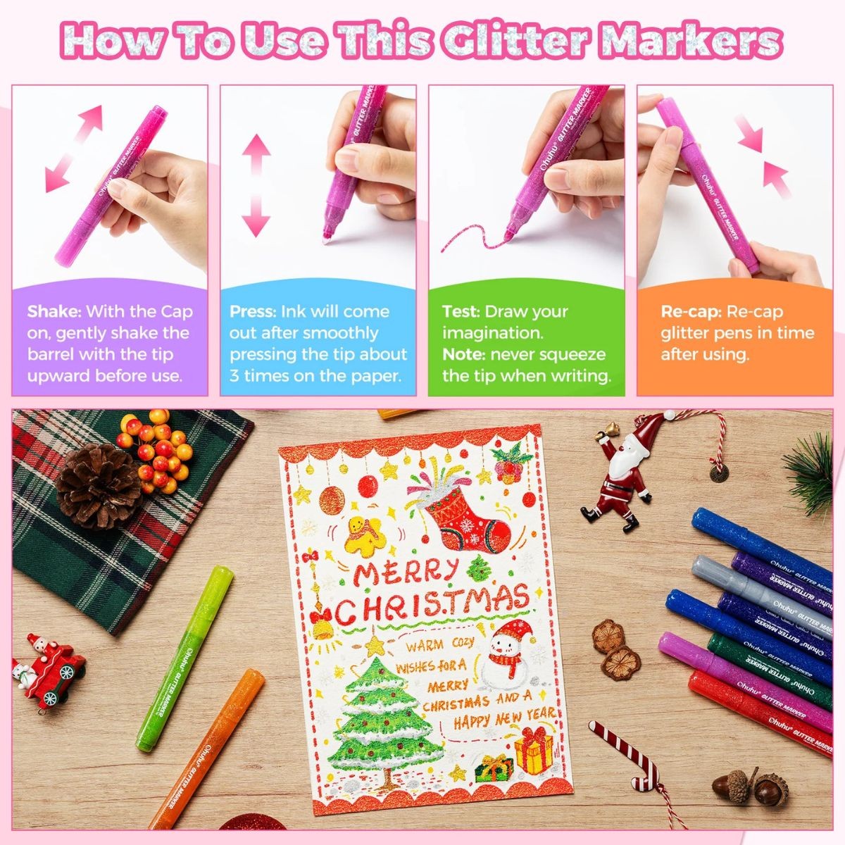 Ohuhu Metallic Marker Σετ 12 Μαρκαδόροι Νερού με Glitter