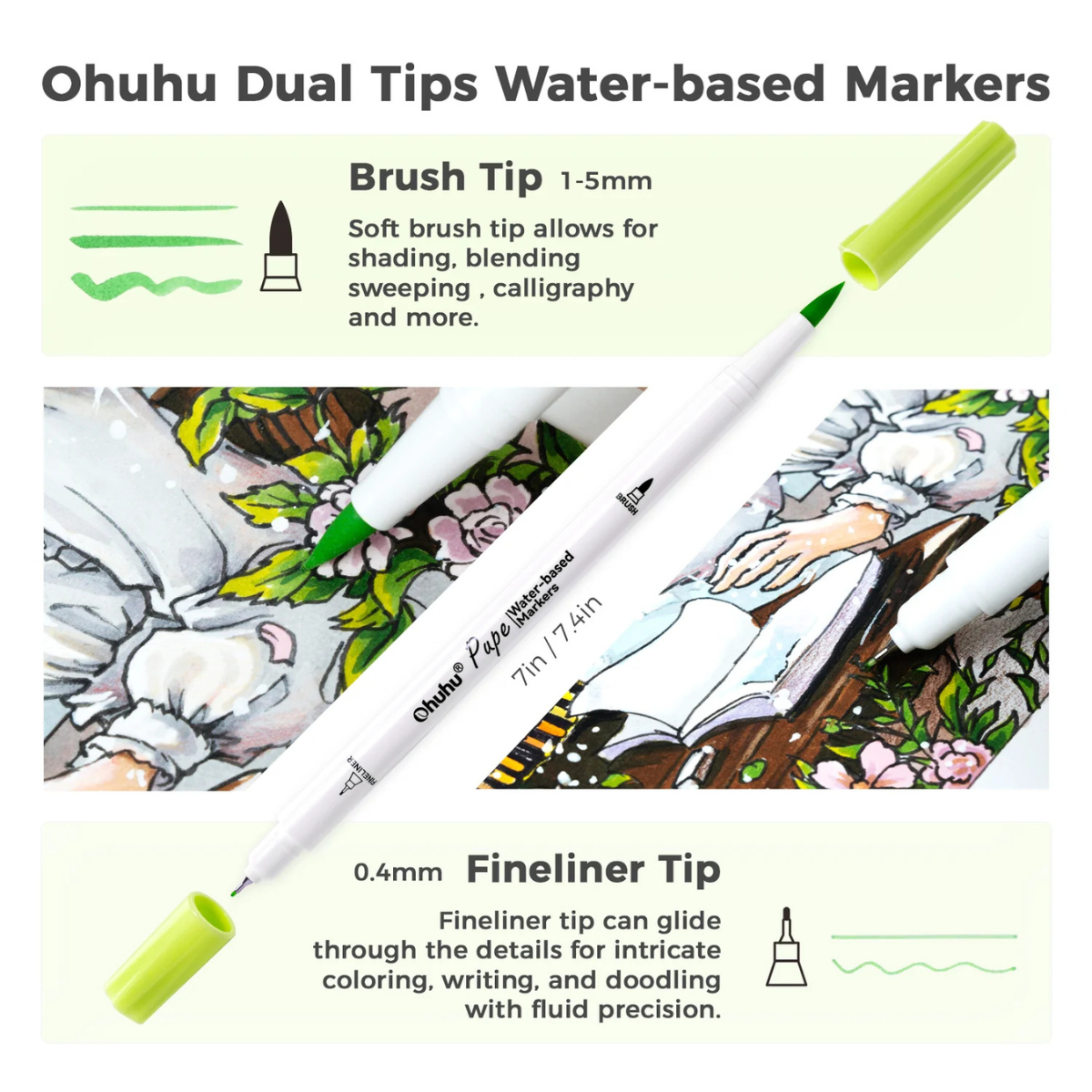 Ohuhu Σετ 60 Μαρκαδόρων Pupe Paper-friendly με Βάση το Νερό - Brush and Fineliner