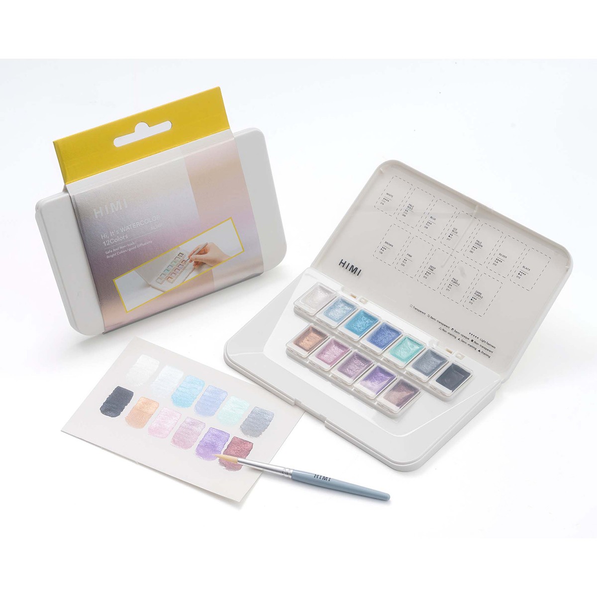 HIMI Σετ 12 Χρωμάτων Watercolour σε Pans με Πινέλο - Silver Metallic edition