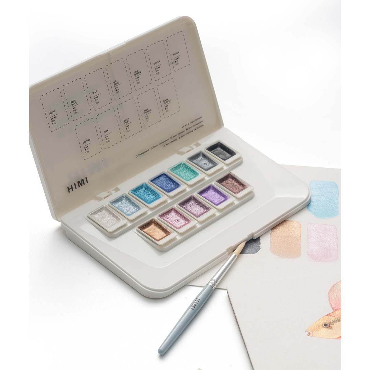 HIMI Σετ 12 Χρωμάτων Watercolour σε Pans με Πινέλο - Silver Metallic edition