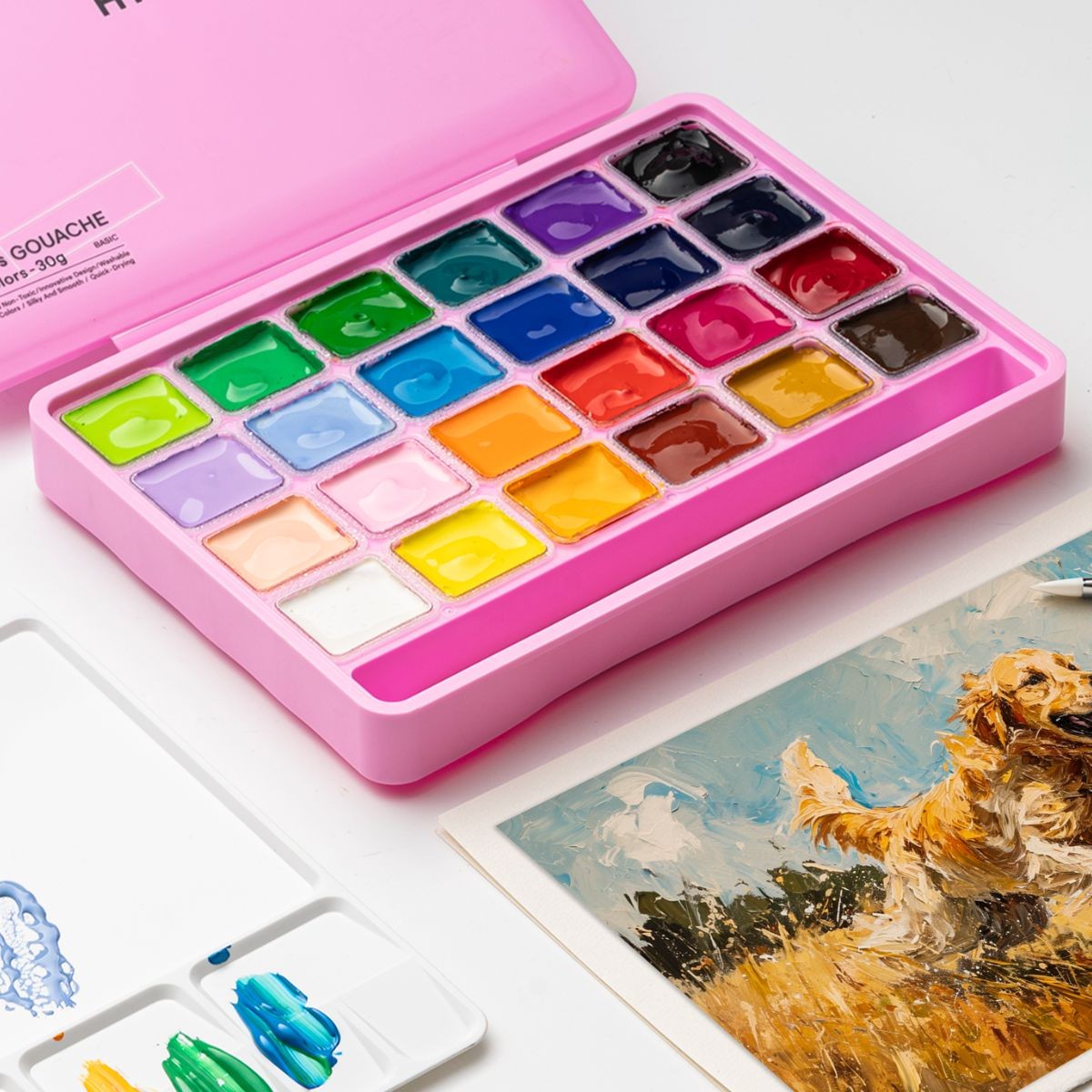 HIMI Σετ 24 Χρωμάτων Jelly Cup Gouache με  3 Πινέλα & Παλέτα Ανάμιξης - Pink Case Edition