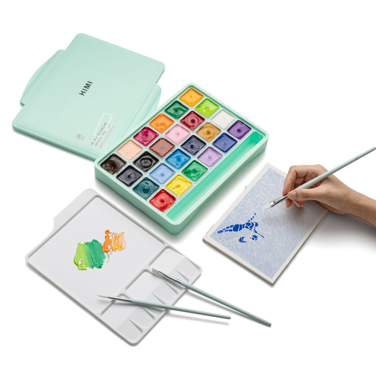 HIMI Σετ 24 Χρωμάτων Jelly Cup Gouache με Παλέτα Ανάμιξης - Green Case Edition