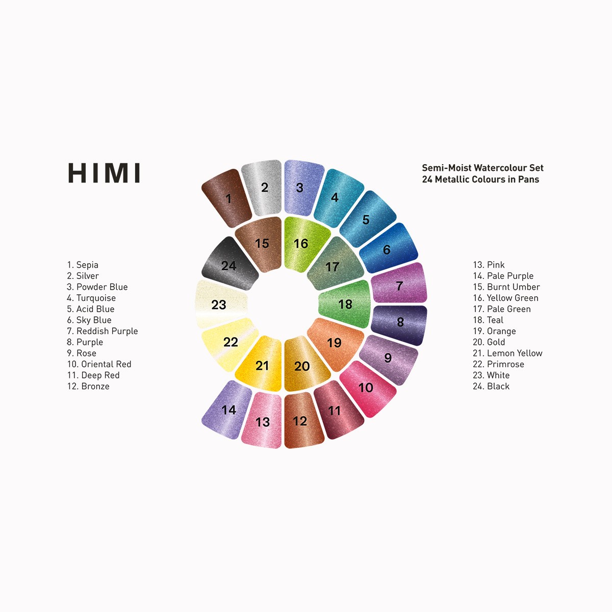 HIMI Σετ 24 Χρωμάτων Semi-Moist Watercolour με Πινέλο Yellow Case - Metallic Edition