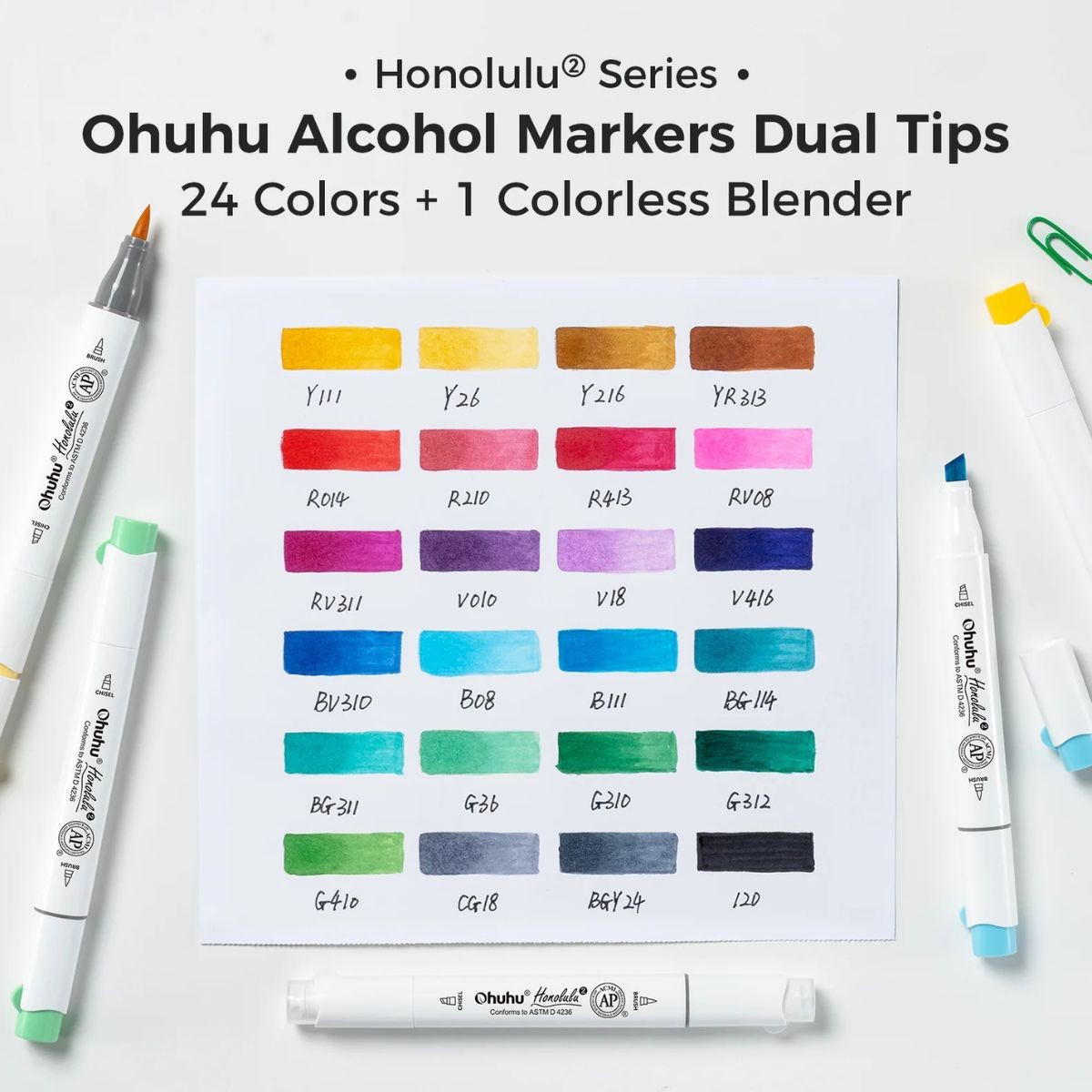 OHUHU Honolulu Alcohol Art Markers Σετ Μαρκαδόρων 24 Βασικών Χρωμάτων Brush & Chisel