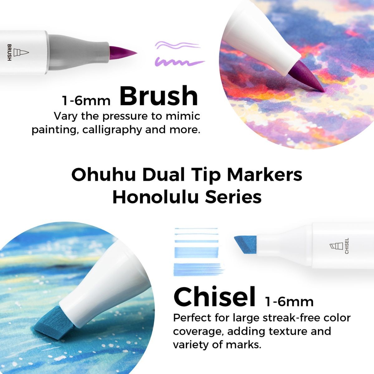 Ohuhu Honolulu Alcohol Markers Σετ Μαρκαδόρων 6 Purple Tones Brush & Chisel