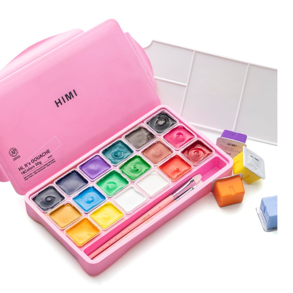 HIMI Σετ 18 Χρωμάτων Jelly Cup Gouache με 3 Πινέλα & Παλέτα Ανάμιξης - Pink Case Edition