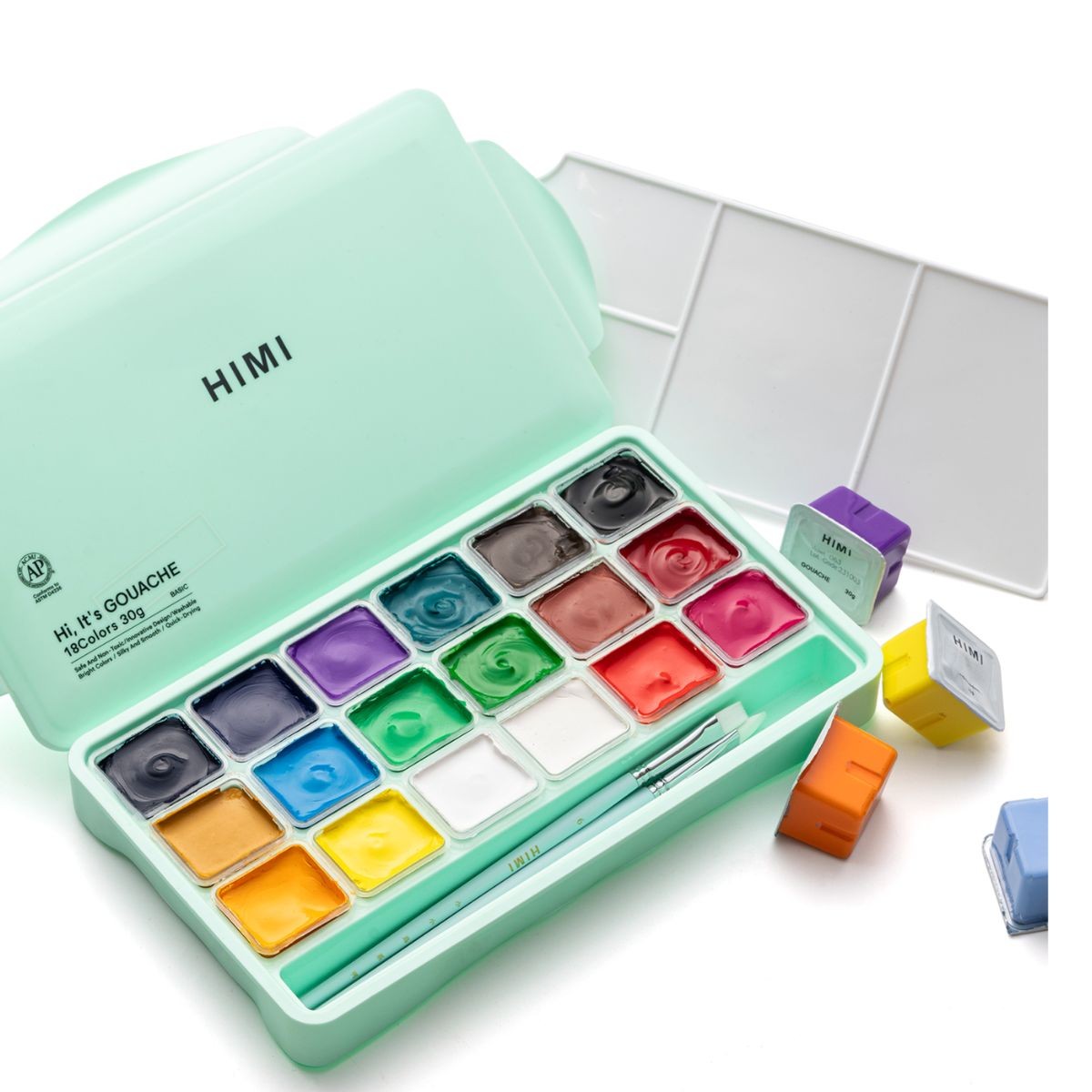 HIMI Σετ 18 Χρωμάτων Jelly Cup Gouache με 3 Πινέλα & Παλέτα Ανάμιξης - Green Case Edition