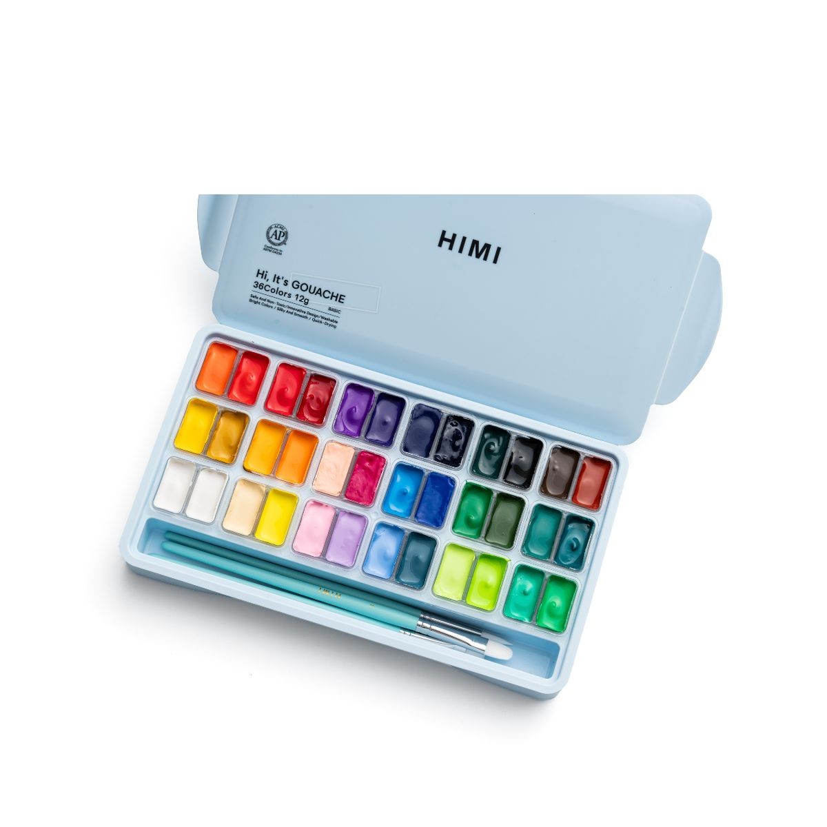 HIMI Σετ 36 Χρωμάτων Twin Cup Gouache με 3 Πινέλα & Παλέτα Ανάμιξης - Ice Blue Case