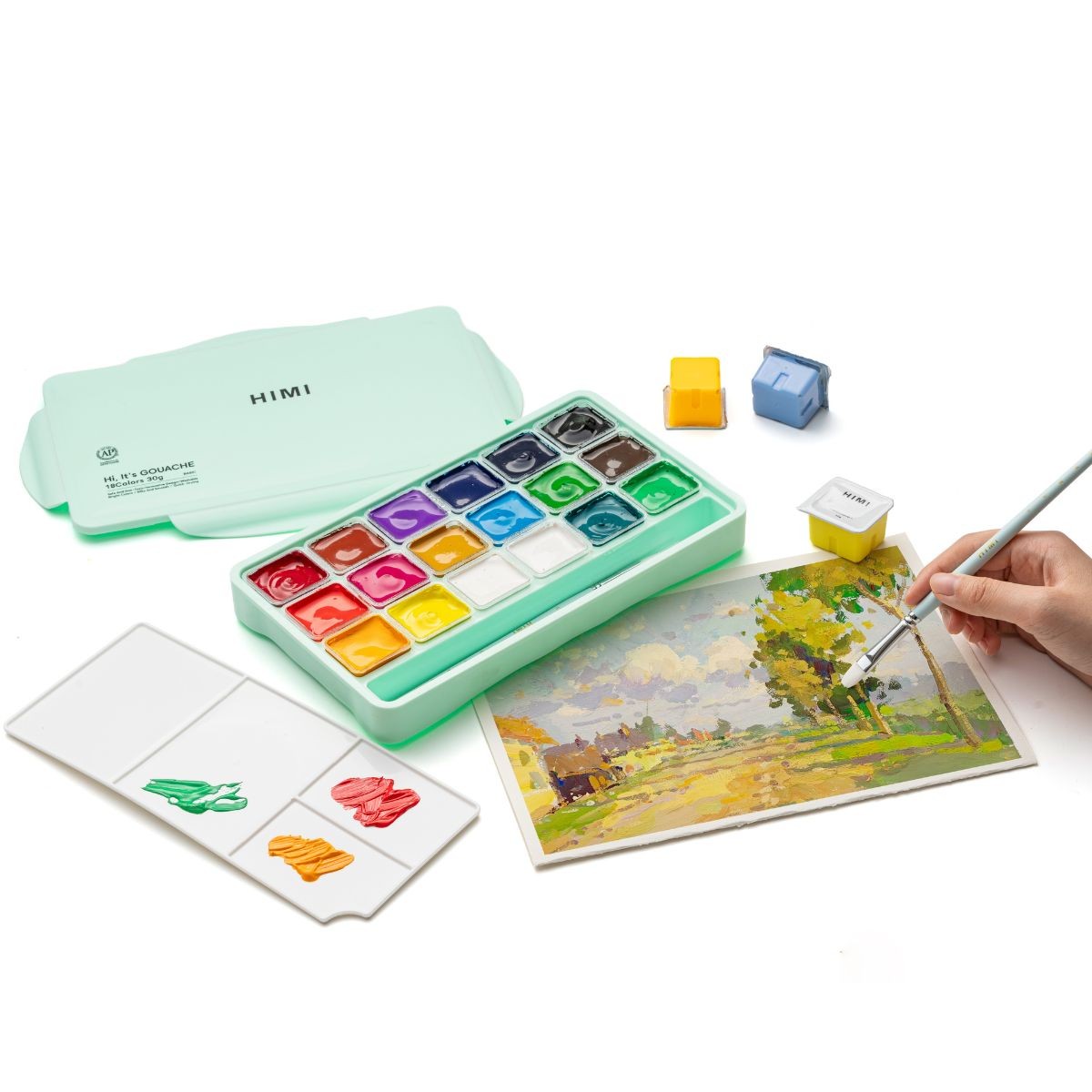 HIMI Σετ 18 Χρωμάτων Jelly Cup Gouache με Παλέτα Ανάμιξης - Green Case Edition