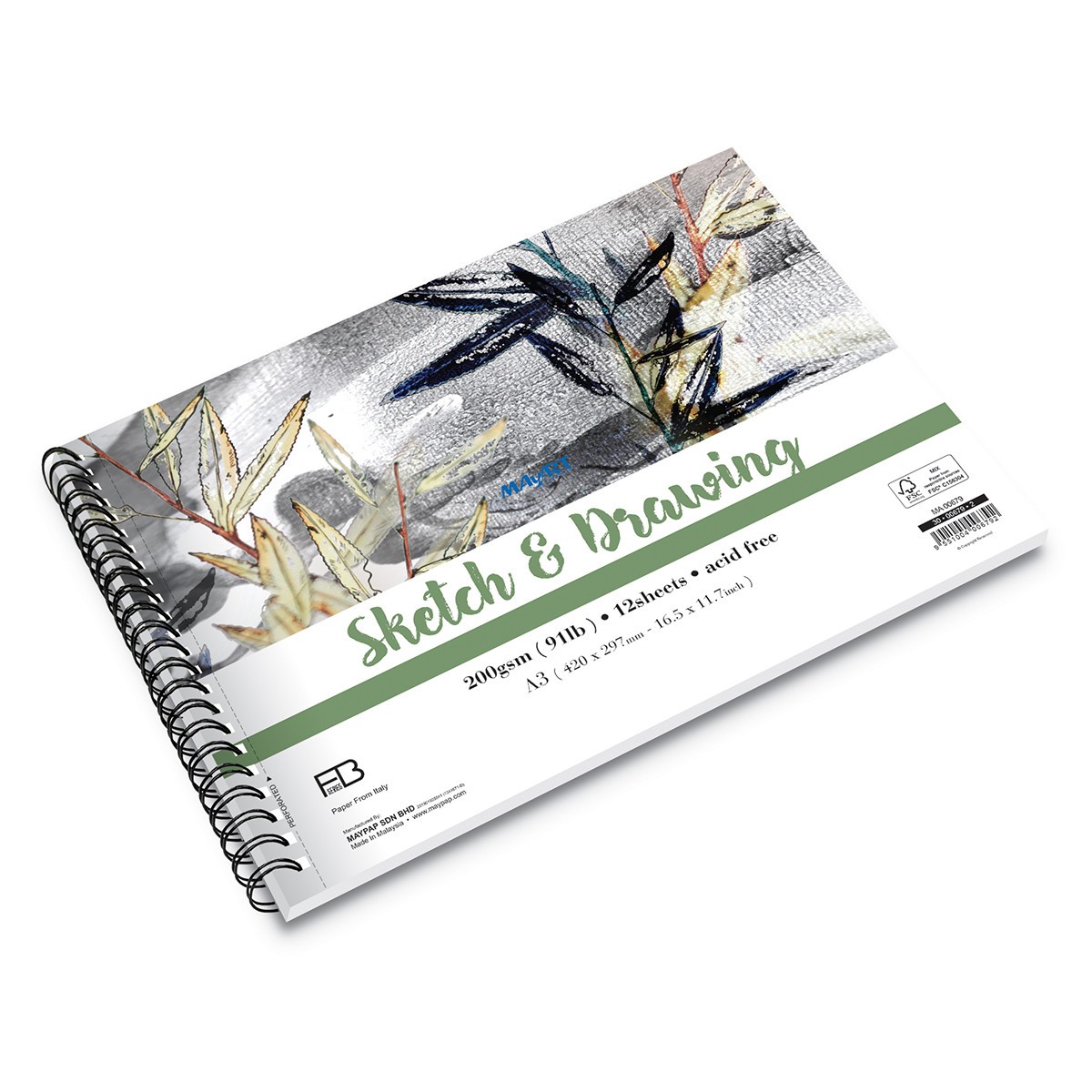 MAYART Creativity - 100% Cellulose FB Series - Wire-O Sketch & Drawing Book A3