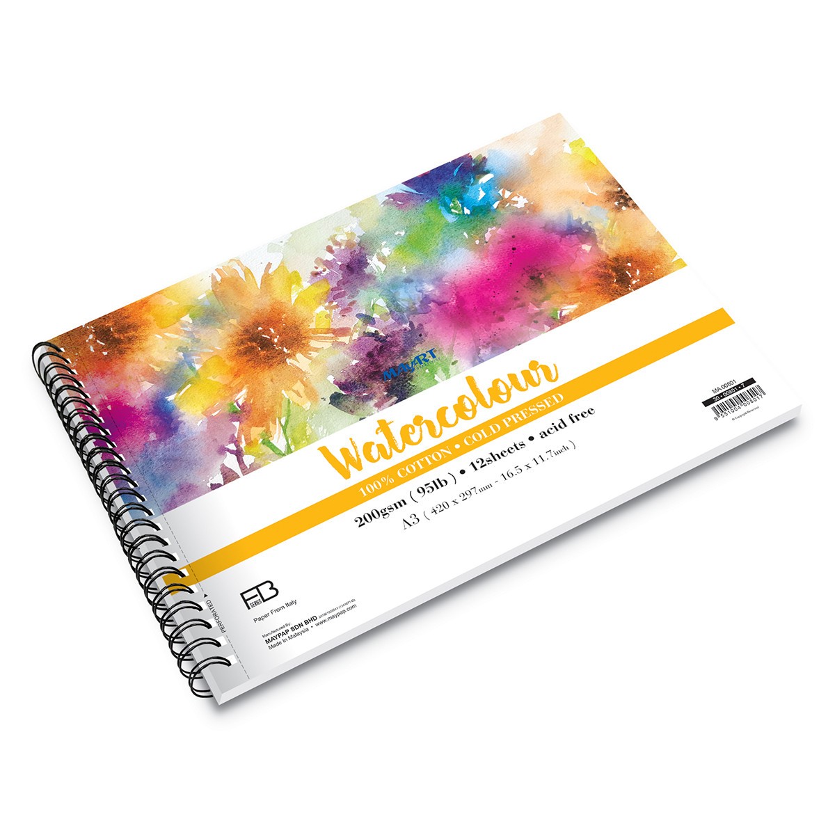 MAYART Creativity - 100% Cotton FB Series - Wire-O Watercolour Painting Book  A3  (Cold Pressed)