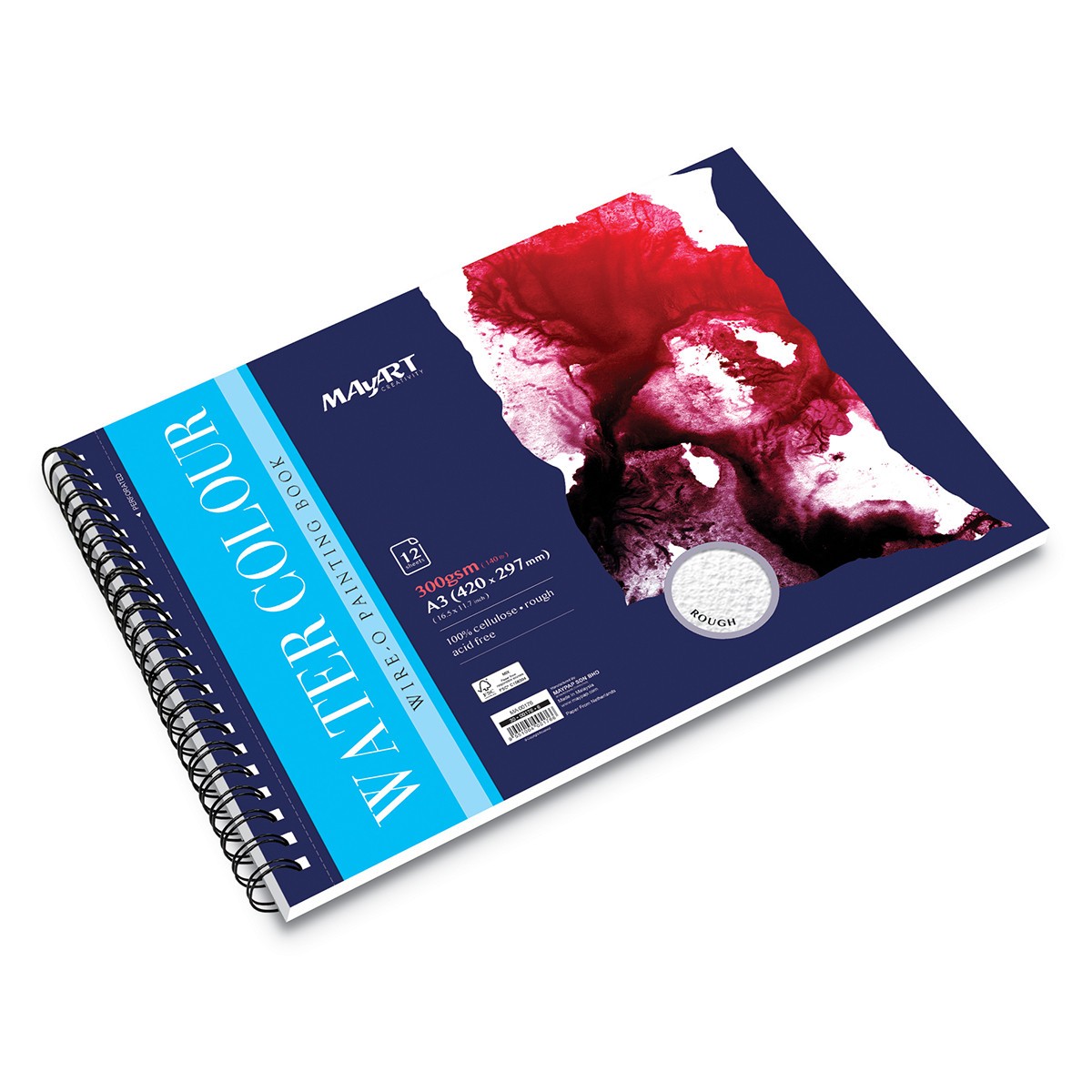 MAYART Creativity - Watercolor 100% Cellulose SC series - Wire-O Watercolour Painting Book A3 (Rough)