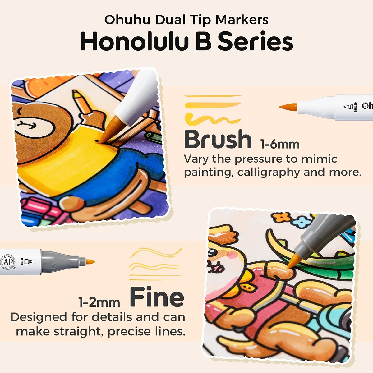 Ohuhu Honolulu B Σετ 48 Μαρκαδόρων Αλκοόλης Brush & Fine με Coloring Book