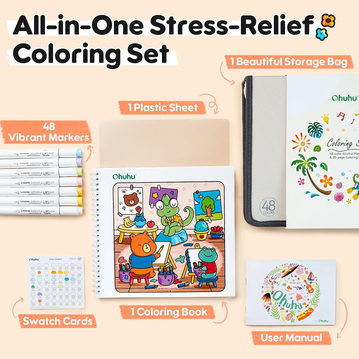 Ohuhu Honolulu B Σετ 48 Μαρκαδόρων Αλκοόλης Brush & Fine με Coloring Book