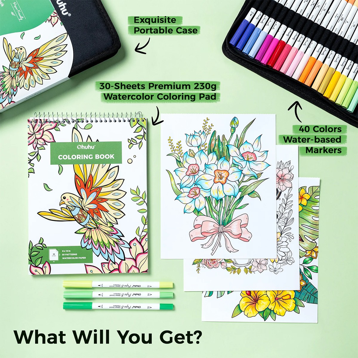 OHUHU Pupe B 40 Paper-friendly (No Peeling) - Σετ Μαρκαδόρων με Βάση το νερό ＆ Coloring Book