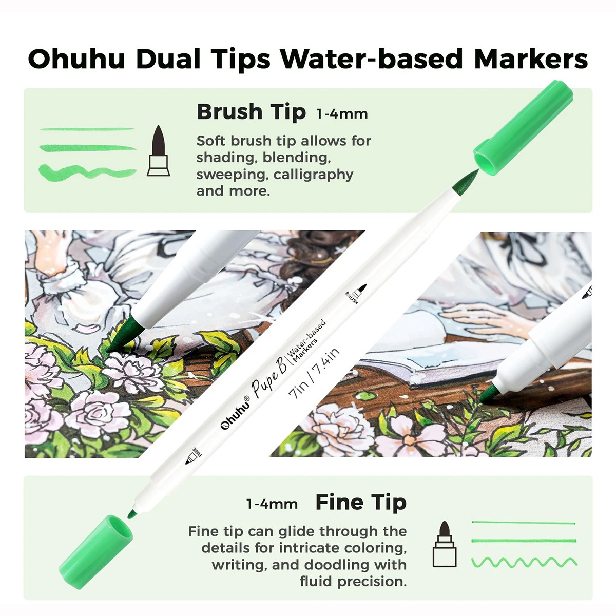OHUHU Pupe B 40 Paper-friendly (No Peeling) - Σετ Μαρκαδόρων με Βάση το νερό ＆ Coloring Book