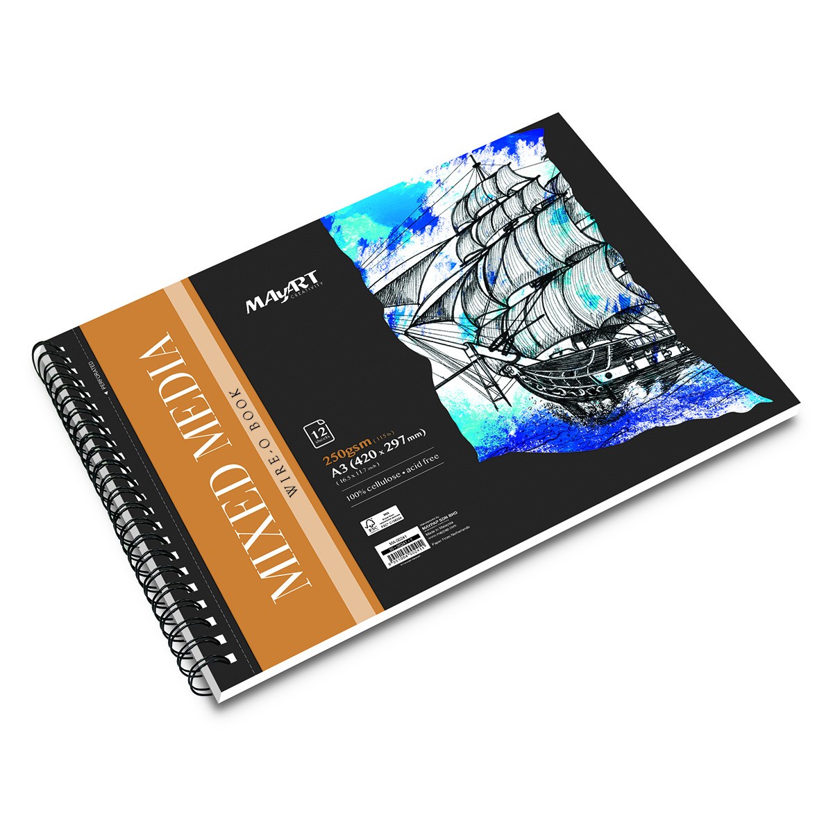 MAYART Creativity - Mixed Media100% Cellulose SC series - Wire-O Mixed Media Book A3