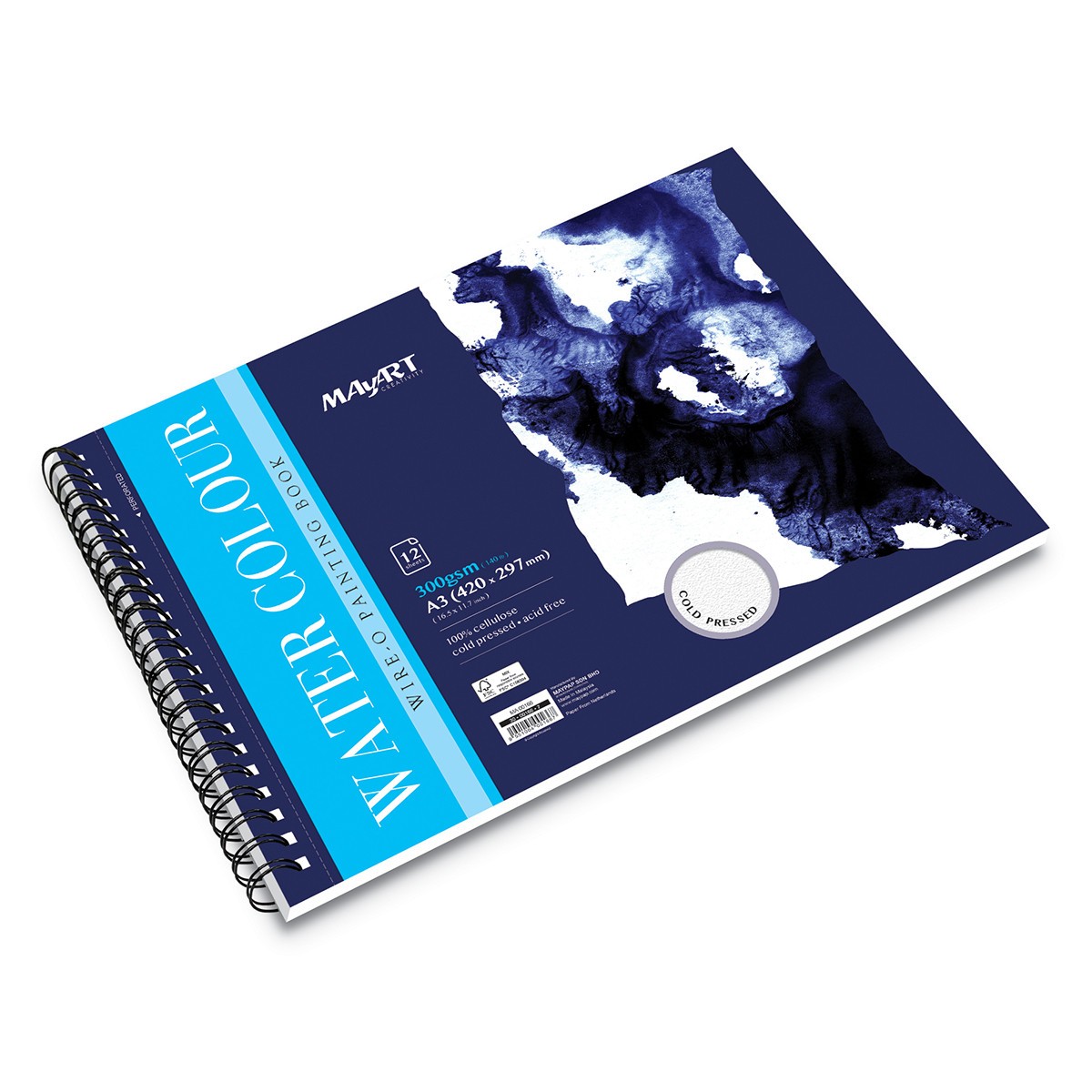 MAYART Creativity - Watercolor 100% Cellulose SC series - Wire-O Watercolour Painting Book A3 (Cold Pressed)